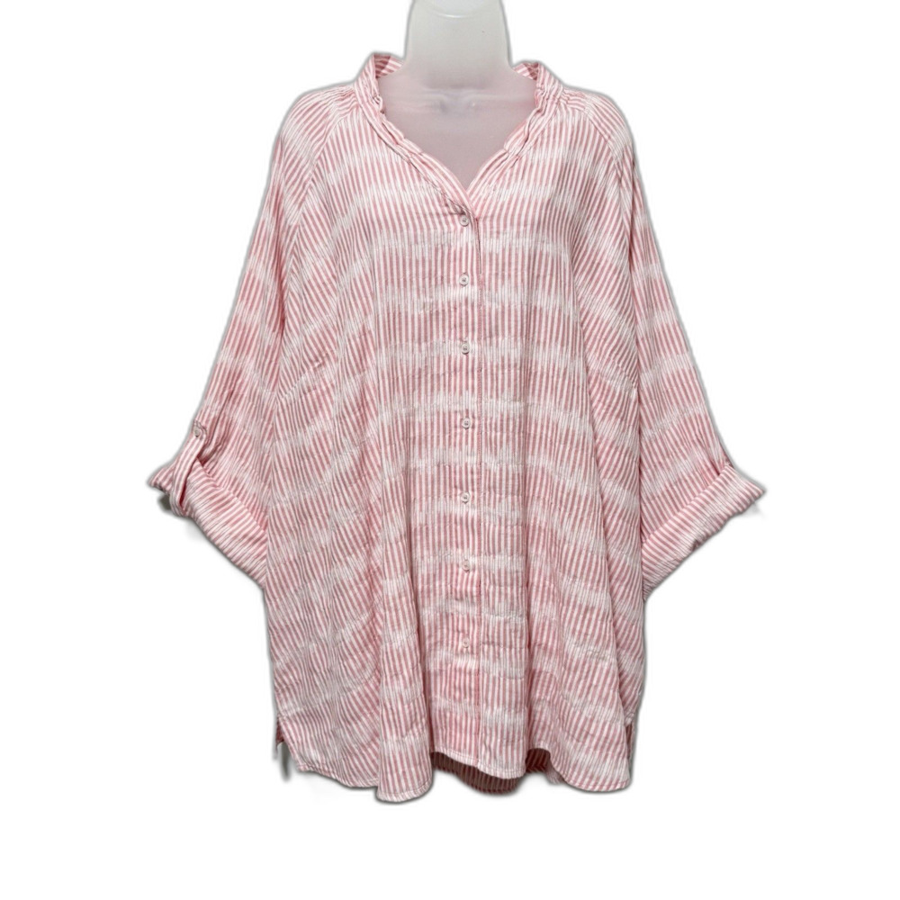 Lane Bryant Shirt Pink White Stripe Roll Tab Sleeve Button Up Size 26/28 NWT
